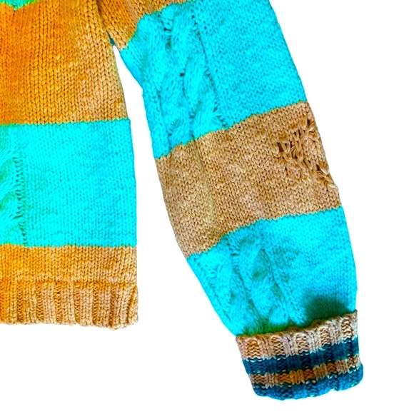 Free People Pembrook Sweater Stripe Cable Knit Mint Tan V Neck Collar Size: XS - Picture 4 of 7